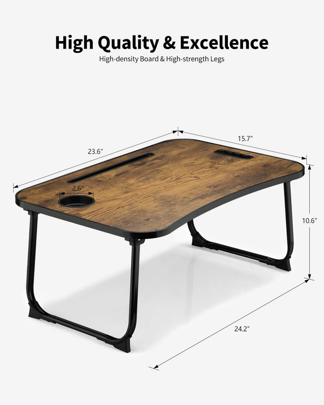 Alt view image 4 of 6 - Foldable Lap Desk, Laptop Bed Desk, Portable Lap Table, Laptop Bed Table with Cup Holder & Tablet Slot & Lifting Handle for Working Writing Drawing & Eating - Brown