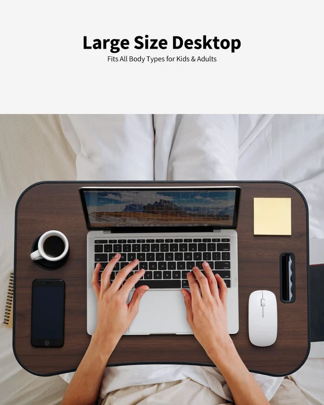 Alt view image 3 of 6 - Foldable Lap Desk, Laptop Bed Desk, Portable Lap Table, Laptop Bed Table with Cup Holder & Tablet Slot & Lifting Handle for Working Writing Drawing & Eating - Walnut Brown