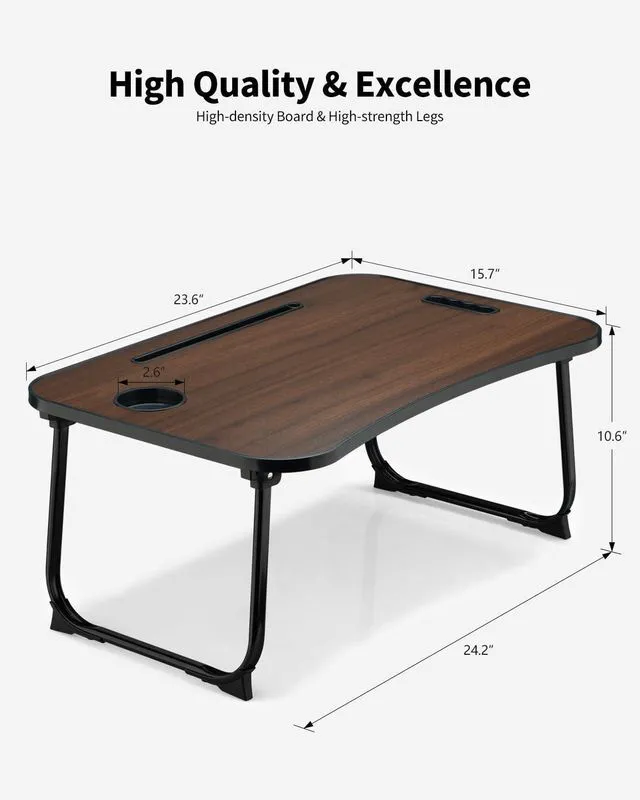 Alt view image 4 of 6 - Foldable Lap Desk, Laptop Bed Desk, Portable Lap Table, Laptop Bed Table with Cup Holder & Tablet Slot & Lifting Handle for Working Writing Drawing & Eating - Walnut Brown
