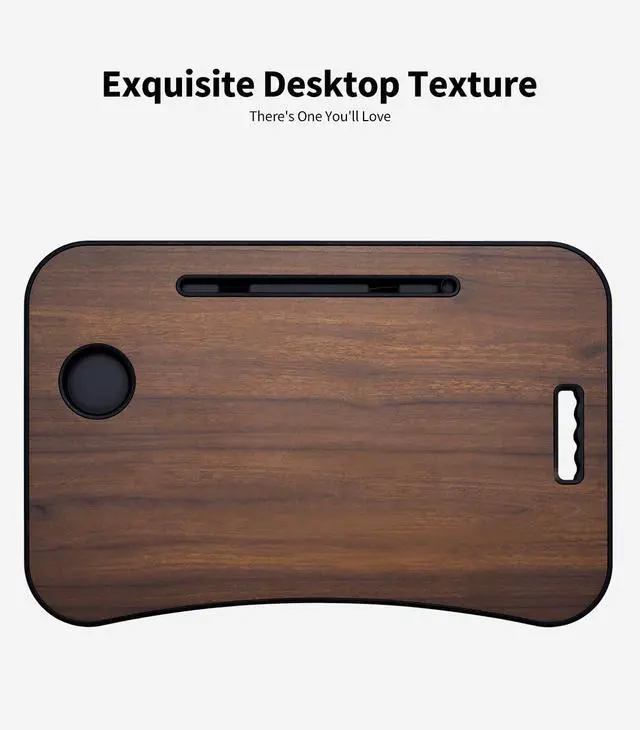 Alt view image 6 of 6 - Foldable Lap Desk, Laptop Bed Desk, Portable Lap Table, Laptop Bed Table with Cup Holder & Tablet Slot & Lifting Handle for Working Writing Drawing & Eating - Walnut Brown
