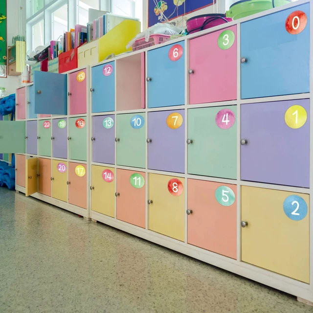 Alt view image 5 of 7 - 48PCS Watercolor Numbers Stickers Classroom Decorations Colorful Mini Dots Number Spot Markers Stickers Watercolor Classroom Labels Accents Cutouts for Preschool Elementary School Floor Decoration