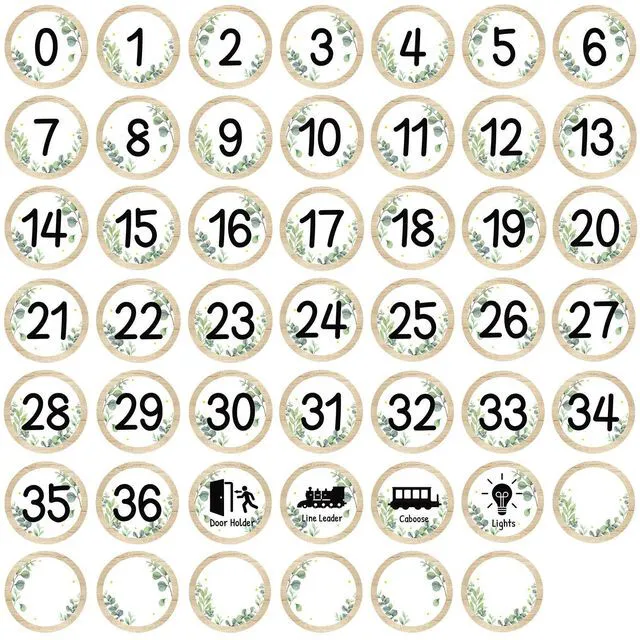 Main image of 48PCS Eucalyptus Leaf Numbers Stickers Classroom Decorations Sage Greenery Dots Number Spot Markers Sticker Eucalyptus Classroom Labels Accents Cutouts for Preschool Elementary School Floor Decoration