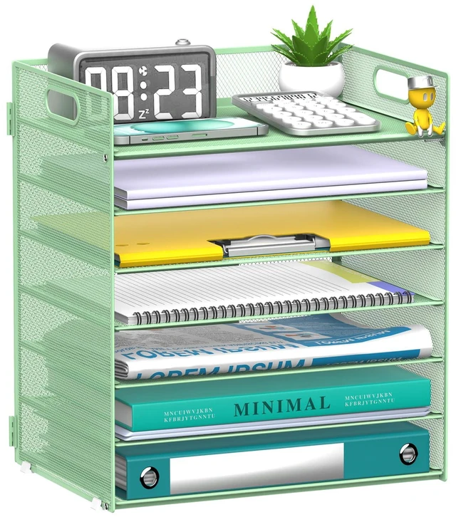 Main image of 7 Tier Paper Organizer for Desk with Letter Trays & Handle Mint Green Black Desk File Organizer with Handle for Sorting Papers, Files, Folders, Mail, Bills and Office Supplies