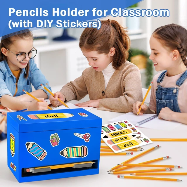Alt view image 4 of 7 - Pencil Dispenser for Classroom, Wooden Desk Pencil Holder, Blue Teacher Must Haves, Classroom Organization, Wooden Dispenser for Pencils or Straws, for Offices, Kitchens, Restaurants