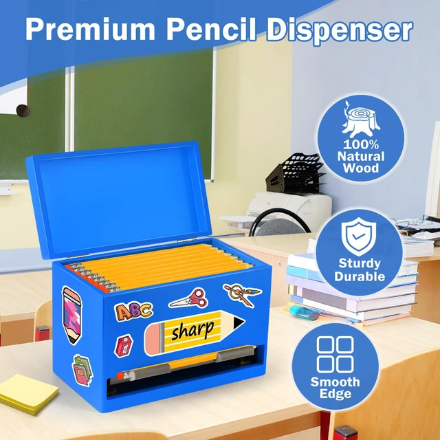 Alt view image 5 of 7 - Pencil Dispenser for Classroom, Wooden Pencil Holder, Classroom Teacher Must Have, Pencils Straws Organization & Storage for Classroom Office Kitchen Restaurant (blue)