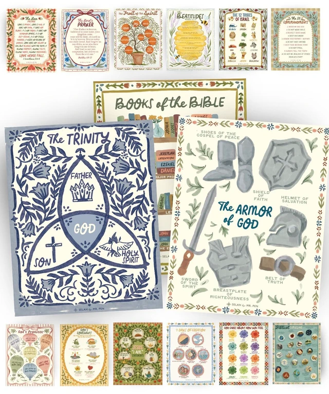 Main image of Bible Posters, 15pc, Hand Drawn, 14x11 inch, Laminated Hand Drawn, Designed by Christian Parents in the US, Laminated Classroom Decoration, Easy to Clean, Biblically Accurate