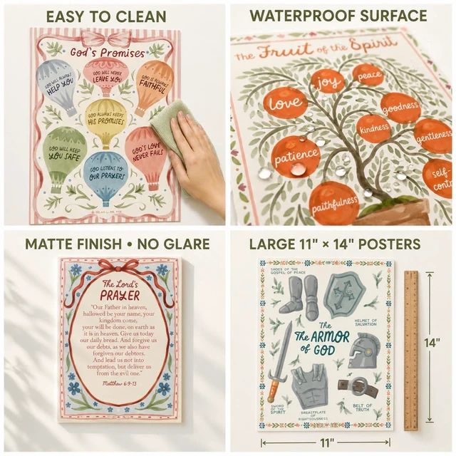 Alt view image 4 of 7 - Bible Posters, 15pc, Hand Drawn, 14x11 inch, Laminated Hand Drawn, Designed by Christian Parents in the US, Laminated Classroom Decoration, Easy to Clean, Biblically Accurate