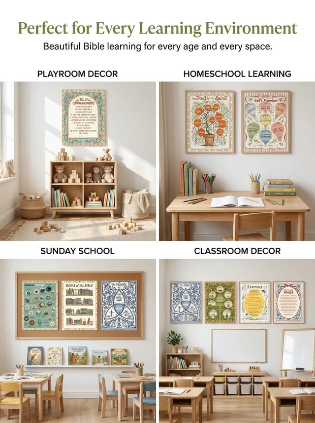 Alt view image 5 of 7 - Bible Posters, 15pc, Hand Drawn, 14x11 inch, Laminated Hand Drawn, Designed by Christian Parents in the US, Laminated Classroom Decoration, Easy to Clean, Biblically Accurate
