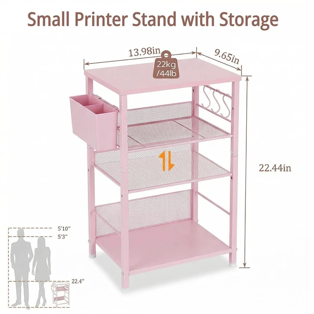 Alt view image 2 of 7 - Small 3 Tier Printer Stand for Under Desk, Height Adjustable Shelf Printer Table with 3 S-Hooks & Basket, Heavy Duty Industrial Storage Shelf for Home Office (Deep Pink)