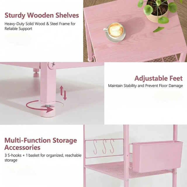 Alt view image 3 of 7 - Small 3 Tier Printer Stand for Under Desk, Height Adjustable Shelf Printer Table with 3 S-Hooks & Basket, Heavy Duty Industrial Storage Shelf for Home Office (Deep Pink)