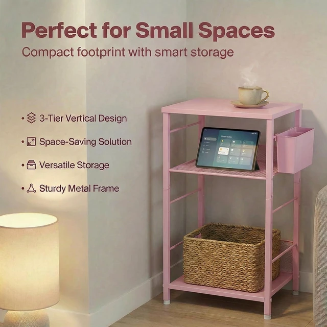 Alt view image 4 of 7 - Small 3 Tier Printer Stand for Under Desk, Height Adjustable Shelf Printer Table with 3 S-Hooks & Basket, Heavy Duty Industrial Storage Shelf for Home Office (Deep Pink)