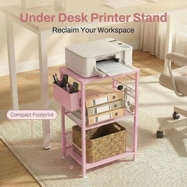Alt view image 5 of 7 - Small 3 Tier Printer Stand for Under Desk, Height Adjustable Shelf Printer Table with 3 S-Hooks & Basket, Heavy Duty Industrial Storage Shelf for Home Office (Deep Pink)
