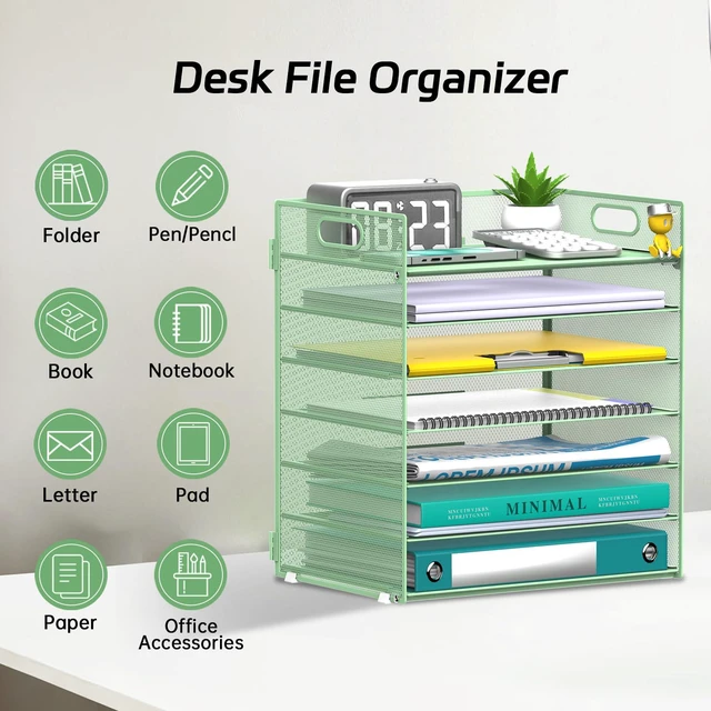 Alt view image 3 of 7 - 7 Tier Paper Organizer for Desk with Letter Trays & Handle Mint Green Black Desk File Organizer with Handle for Sorting Papers, Files, Folders, Mail, Bills and Office Supplies