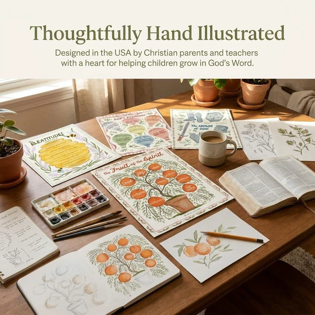Alt view image 6 of 7 - Bible Posters, 15pc, Hand Drawn, 14x11 inch, Laminated Hand Drawn, Designed by Christian Parents in the US, Laminated Classroom Decoration, Easy to Clean, Biblically Accurate