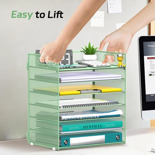 Alt view image 6 of 7 - 7 Tier Paper Organizer for Desk with Letter Trays & Handle Mint Green Black Desk File Organizer with Handle for Sorting Papers, Files, Folders, Mail, Bills and Office Supplies