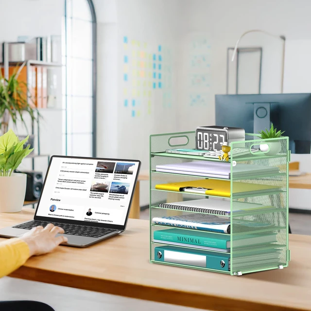 Alt view image 7 of 7 - 7 Tier Paper Organizer for Desk with Letter Trays & Handle Mint Green Black Desk File Organizer with Handle for Sorting Papers, Files, Folders, Mail, Bills and Office Supplies