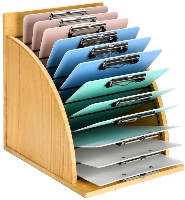 Main image of Clipboard Holder, Wooden Clipboard Organizer Storage with 12 Slots High-Rise Side Panels, Dual Carry Handles, Teacher Organization for Classroom Office, Easy Assembly, Clipboards Not Included