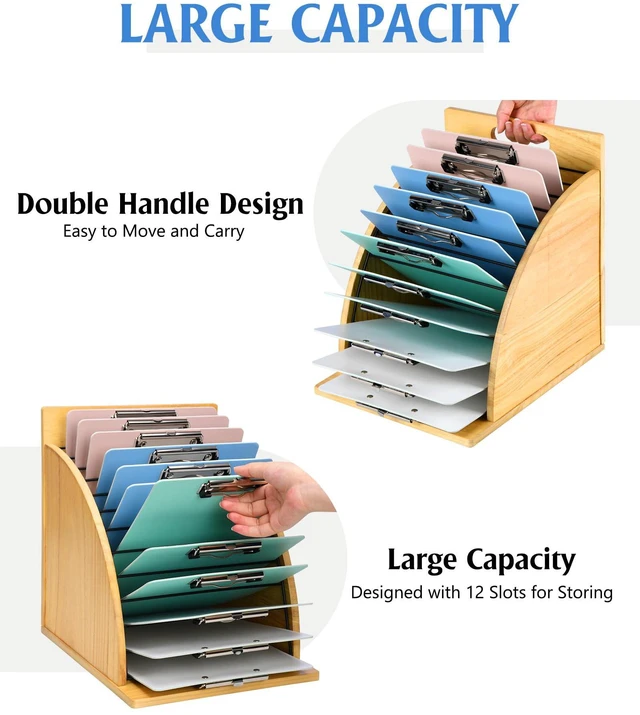 Alt view image 2 of 7 - Clipboard Holder, Wooden Clipboard Organizer Storage with 12 Slots High-Rise Side Panels, Dual Carry Handles, Teacher Organization for Classroom Office, Easy Assembly, Clipboards Not Included