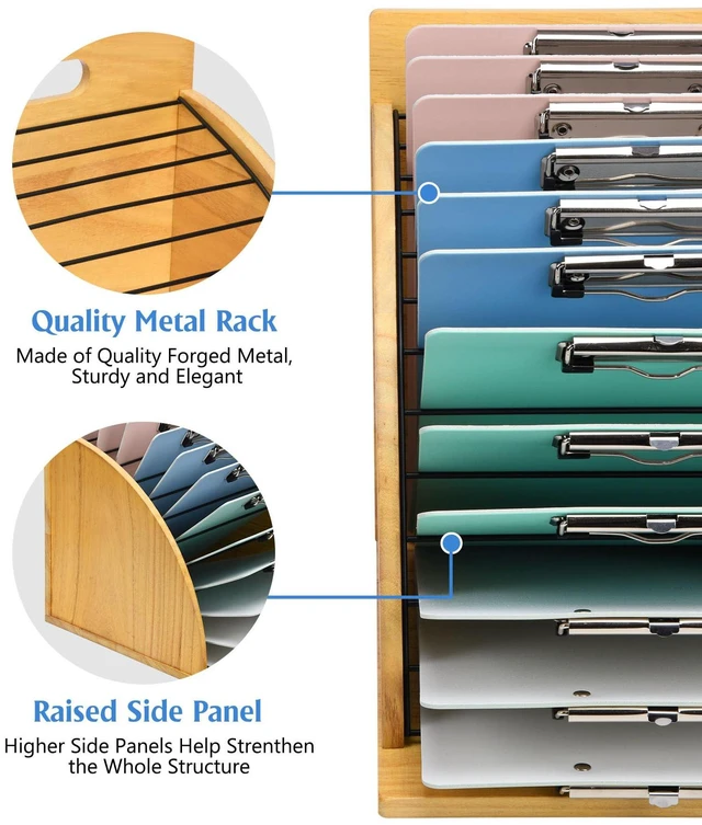 Alt view image 3 of 7 - Clipboard Holder, Wooden Clipboard Organizer Storage with 12 Slots High-Rise Side Panels, Dual Carry Handles, Teacher Organization for Classroom Office, Easy Assembly, Clipboards Not Included