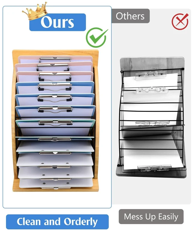 Alt view image 4 of 7 - Clipboard Holder, Wooden Clipboard Organizer Storage with 12 Slots High-Rise Side Panels, Dual Carry Handles, Teacher Organization for Classroom Office, Easy Assembly, Clipboards Not Included