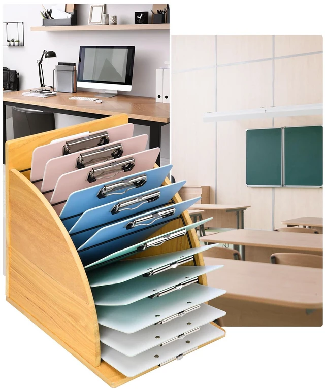 Alt view image 7 of 7 - Clipboard Holder, Wooden Clipboard Organizer Storage with 12 Slots High-Rise Side Panels, Dual Carry Handles, Teacher Organization for Classroom Office, Easy Assembly, Clipboards Not Included