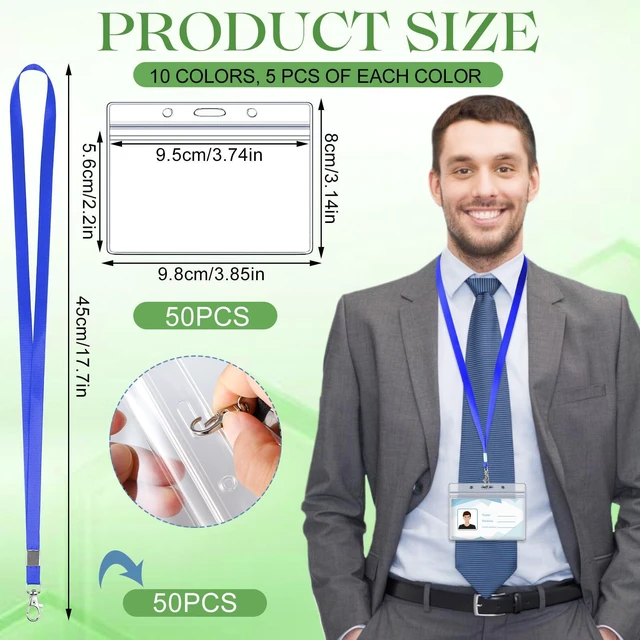 Alt view image 2 of 7 - 50 Pack ID Badge Lanyards with Clear Holders, Horizontal, Multicolor 10 colors, polyester lanyards, waterproof holders, 360° swivel hook, for school, office, events