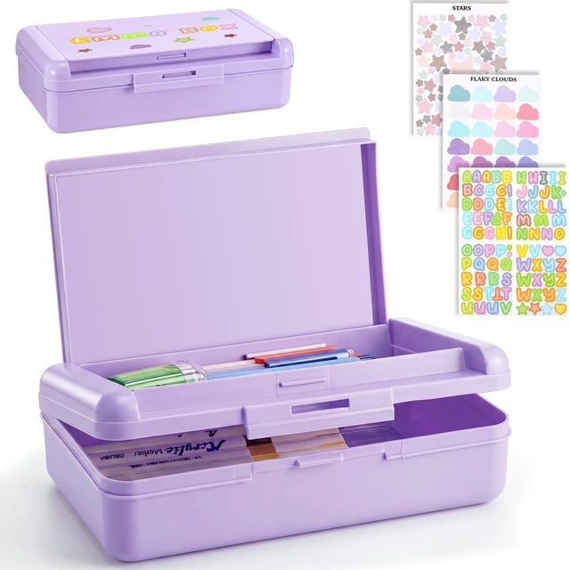 Main image of 2 Pcs Double Layer Plastic Pencil Box with 3 Stickers,Solid Purple Large Capacity Pencil Case for Kids Girl Boy Back to School Supplies Hard Crayon Organizer with Snap-tight Lid for Art Craft
