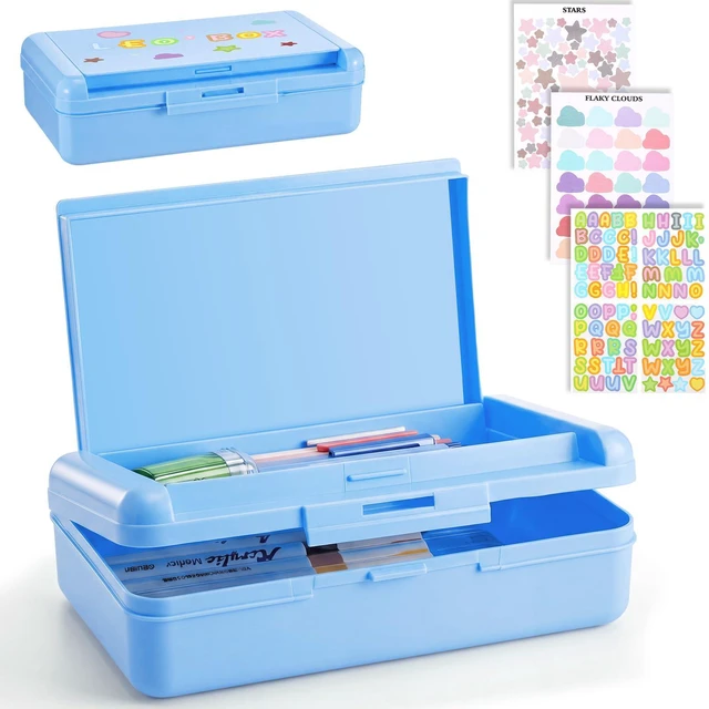 Main image of 2 Pcs Double Layer Plastic Pencil Box with 3 Stickers,Solid Blue Large Capacity Pencil Case for Kids Girl Boy Back to School Supplies Hard Crayon Organizer with Snap-tight Lid for Art Craft