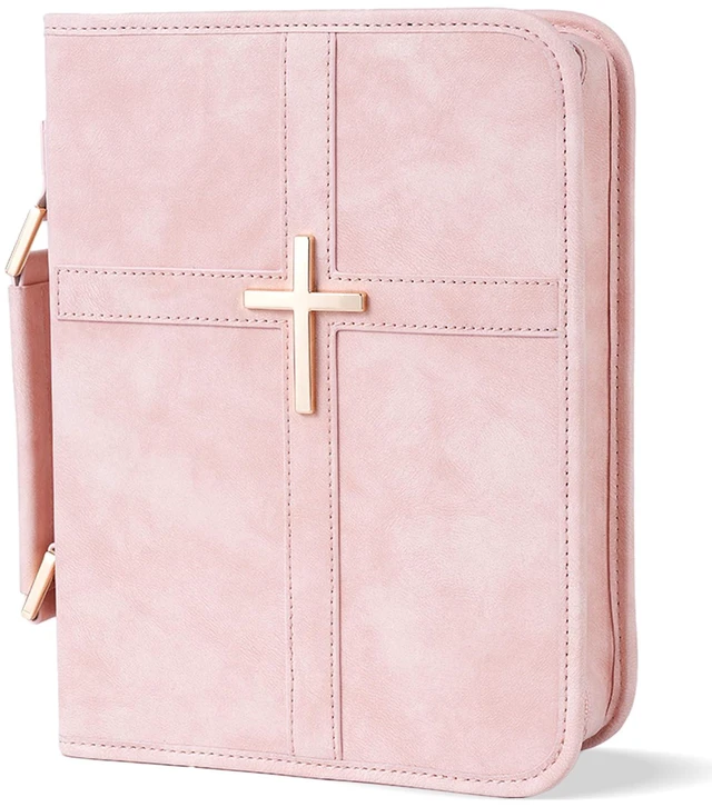 Main image of Vegan Leather Bible Cover Case, Bible Bag with Phone Pocket, Bible Case for Women, Christian Gift Box Packaging (Pink)