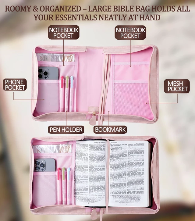Alt view image 3 of 7 - Vegan Leather Bible Cover Case, Bible Bag with Phone Pocket, Bible Case for Women, Christian Gift Box Packaging (Pink)