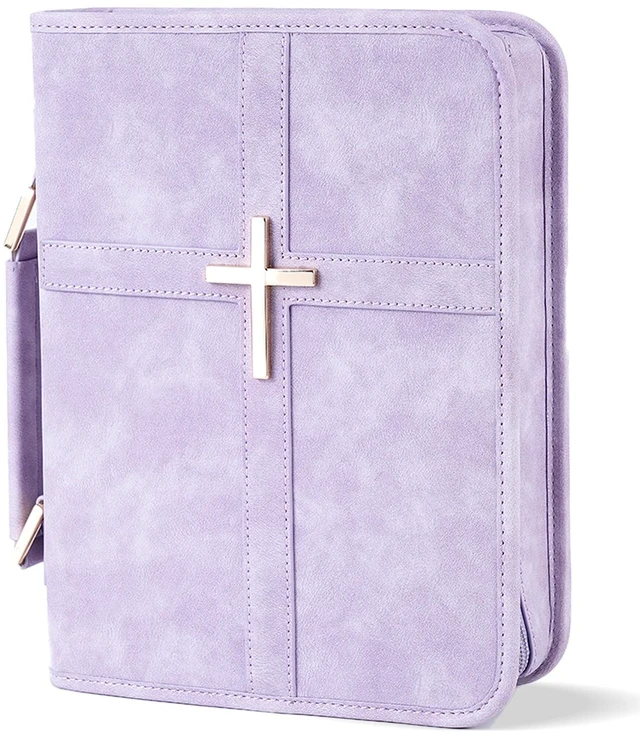 Main image of Vegan Leather Bible Cover Case, Bible Bag with Phone Pocket, Bible Case for Women, Christian Gift Box Packaging (Purple)