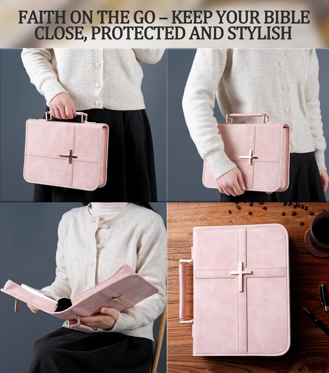 Alt view image 6 of 7 - Vegan Leather Bible Cover Case, Bible Bag with Phone Pocket, Bible Case for Women, Christian Gift Box Packaging (Pink)