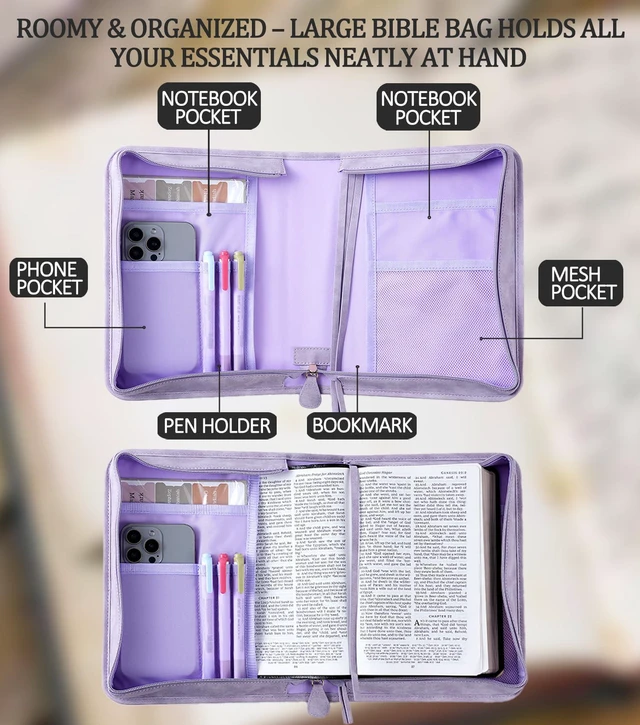 Alt view image 3 of 7 - Vegan Leather Bible Cover Case, Bible Bag with Phone Pocket, Bible Case for Women, Christian Gift Box Packaging (Purple)
