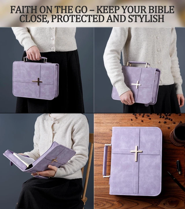 Alt view image 6 of 7 - Vegan Leather Bible Cover Case, Bible Bag with Phone Pocket, Bible Case for Women, Christian Gift Box Packaging (Purple)