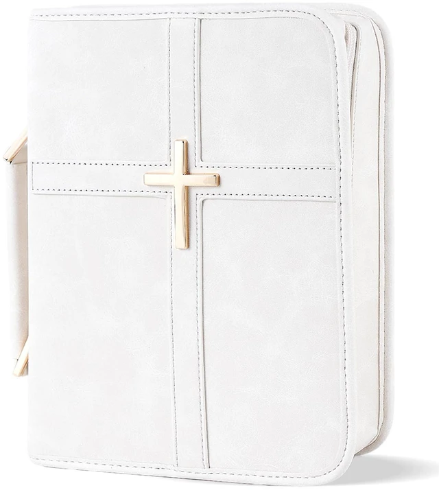 Main image of Vegan Leather Bible Cover Case, Bible Bag with Phone Pocket, Bible Case for Men Women, Christian Gift Box Packaging (White)