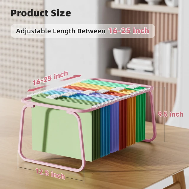 Alt view image 4 of 7 - Hanging File Folder Frame, Adjustable Letter Size File Holder 16-25 Inches, Metal File Cabinet Rails for Office, Home, School, 2P(Pink)