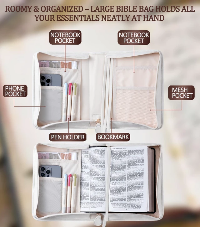 Alt view image 3 of 7 - Vegan Leather Bible Cover Case, Bible Bag with Phone Pocket, Bible Case for Men Women, Christian Gift Box Packaging (White)