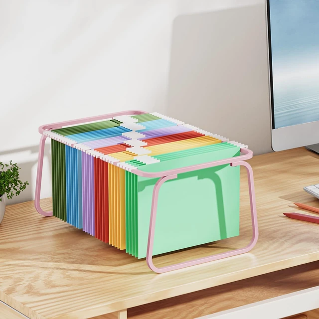 Alt view image 6 of 7 - Hanging File Folder Frame, Adjustable Letter Size File Holder 16-25 Inches, Metal File Cabinet Rails for Office, Home, School, 2P(Pink)