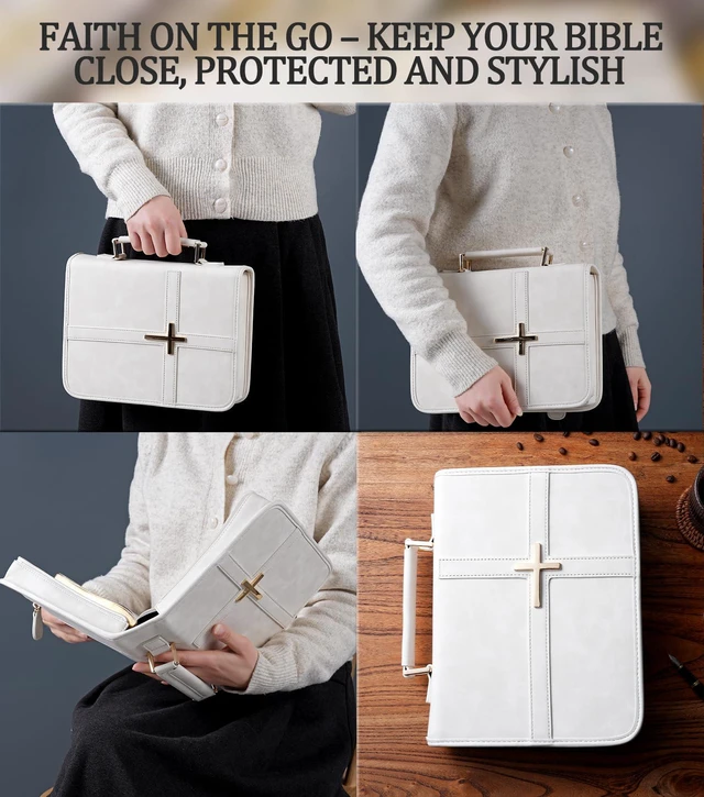 Alt view image 6 of 7 - Vegan Leather Bible Cover Case, Bible Bag with Phone Pocket, Bible Case for Men Women, Christian Gift Box Packaging (White)