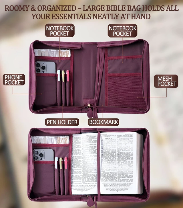 Alt view image 3 of 7 - Vegan Leather Bible Cover Case, Bible Bag with Phone Pocket, Bible Case for Women, Christian Gift Box Packaging (Red)