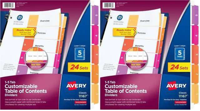 Main image of Dividers for 3 Ring Binders, 5 Tabs per Set, Customizable Table Contents, Multicolor Tabs, Great for Organizing High-Volume Reports, Projects, and More (24 Sets of 11167) (Pack of 2)