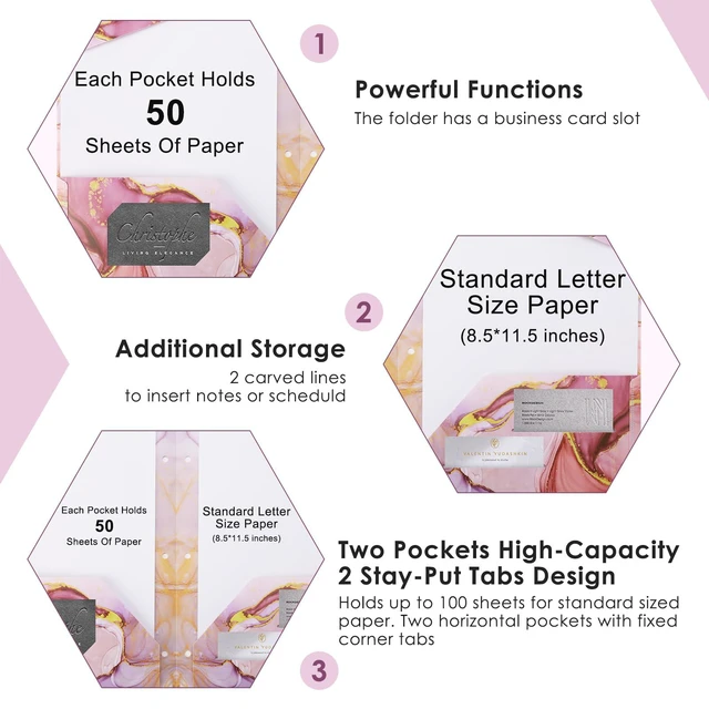 Alt view image 3 of 6 - 8 pcs Plastic Folders with Pockets,3 Hole Punched Folders Heavy Duty Binder Folder for 3 Ring Binder,Cute Marble Colors 2-Pocket Folders for Documents,Back to School Supplies