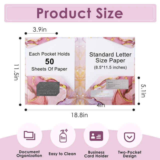 Alt view image 2 of 6 - 8 pcs Plastic Folders with Pockets,3 Hole Punched Folders Heavy Duty Binder Folder for 3 Ring Binder,Cute Marble Colors 2-Pocket Folders for Documents,Back to School Supplies