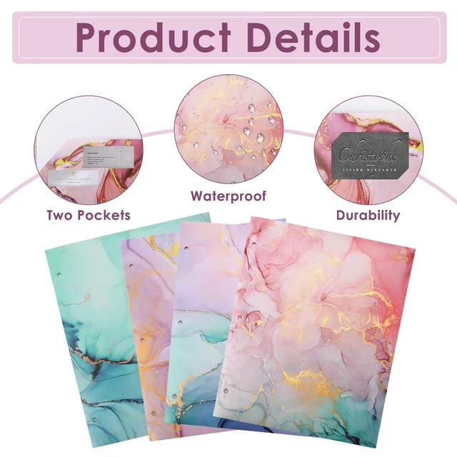 Alt view image 4 of 6 - 8 pcs Plastic Folders with Pockets,3 Hole Punched Folders Heavy Duty Binder Folder for 3 Ring Binder,Cute Marble Colors 2-Pocket Folders for Documents,Back to School Supplies