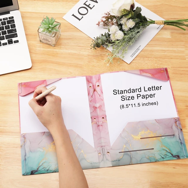 Alt view image 5 of 6 - 8 pcs Plastic Folders with Pockets,3 Hole Punched Folders Heavy Duty Binder Folder for 3 Ring Binder,Cute Marble Colors 2-Pocket Folders for Documents,Back to School Supplies