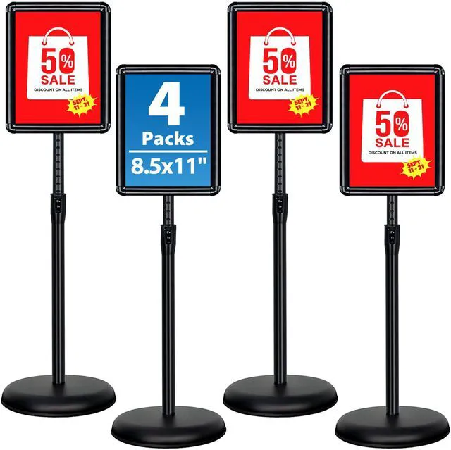 Main image of 4Pack 8.5x11 Sign Stand - Adjustable Floor Standing Sign Holder Pedestal Poster Stand, Adjustable Height, Vertical/Horizontal Snap-Open Frame, Business & Store Sign Holder Stand, Black