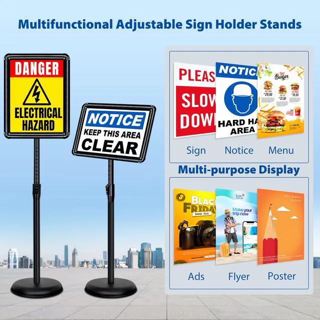 Alt view image 2 of 7 - 4Pack 8.5x11 Sign Stand - Adjustable Floor Standing Sign Holder Pedestal Poster Stand, Adjustable Height, Vertical/Horizontal Snap-Open Frame, Business & Store Sign Holder Stand, Black