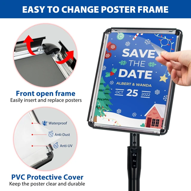 Alt view image 5 of 7 - 4Pack 8.5x11 Sign Stand - Adjustable Floor Standing Sign Holder Pedestal Poster Stand, Adjustable Height, Vertical/Horizontal Snap-Open Frame, Business & Store Sign Holder Stand, Black