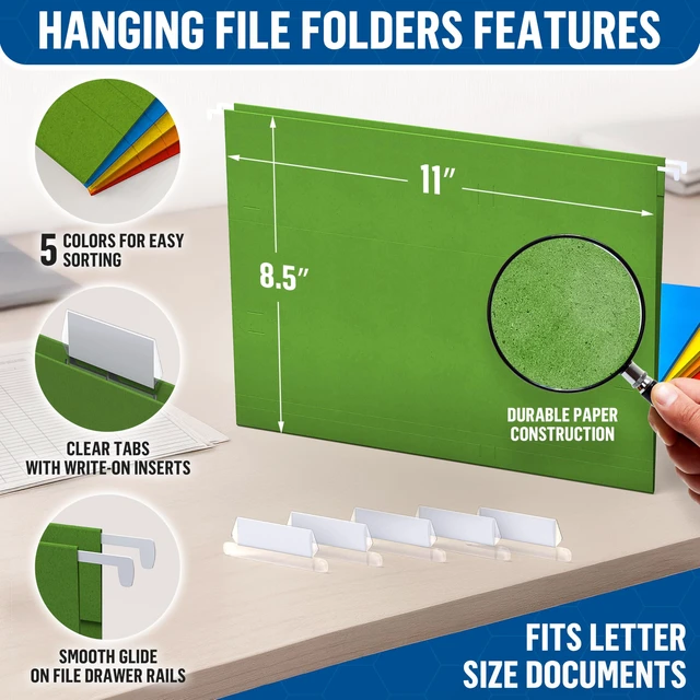 Alt view image 2 of 7 - 100 Pack Hanging File Folders Letter Size - File Folders Hanging with Tabs - File Cabinet Folders - Letter Size Hanging File Folder - Hanging Folders for Filing Cabinet - Colored Hanging File Folders