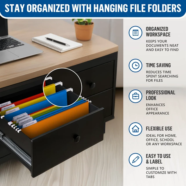 Alt view image 3 of 7 - 100 Pack Hanging File Folders Letter Size - File Folders Hanging with Tabs - File Cabinet Folders - Letter Size Hanging File Folder - Hanging Folders for Filing Cabinet - Colored Hanging File Folders